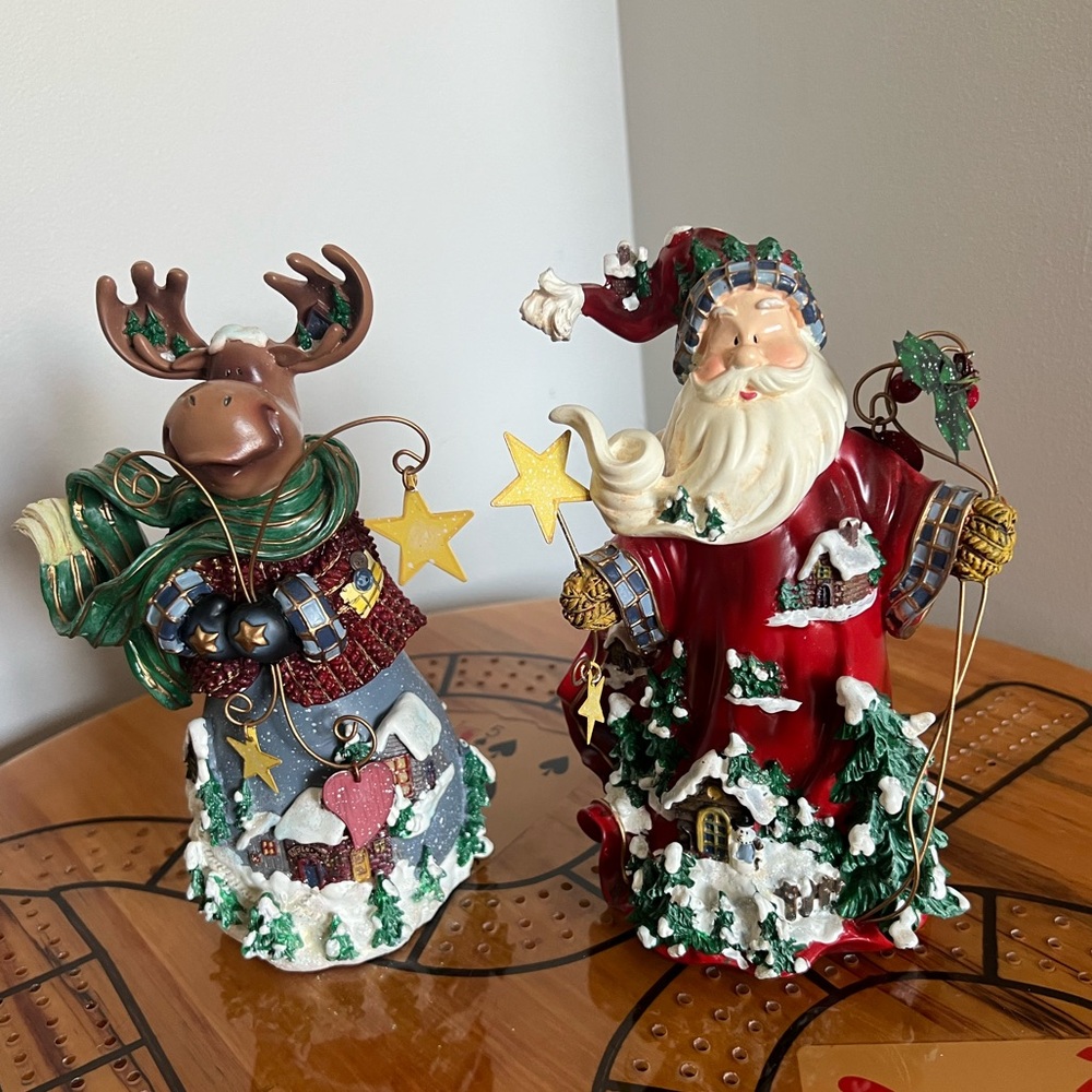 Home Interiors Santa and Moose Detailed Holiday Figurines - Red, Green, Gold.